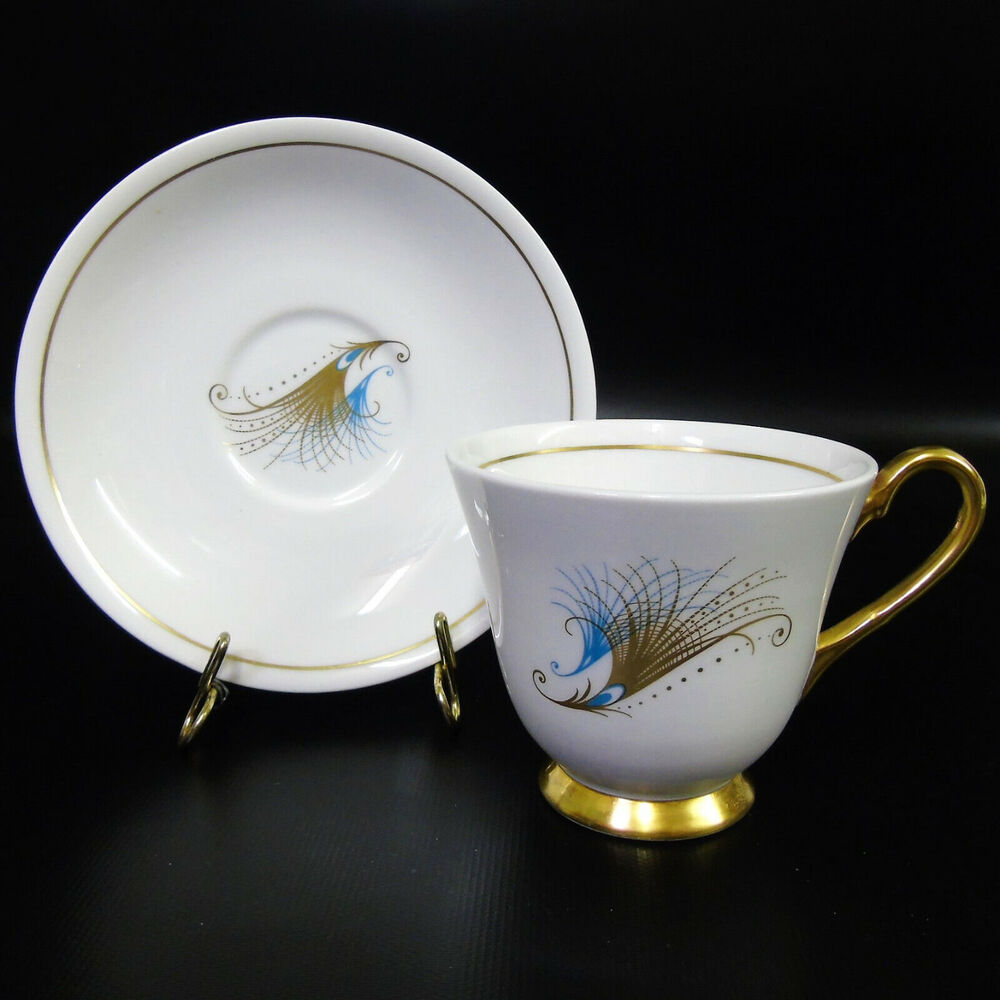 1950's Windsor Caribbean TEA CUP & SAUCER Mid Century Gold Blue Feathers England